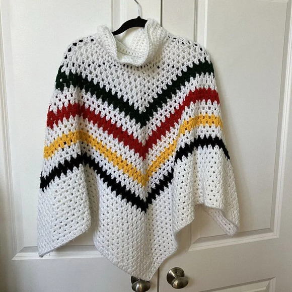 Handmade Crochet White Stripe Turtleneck Poncho Cape - Picture 3 of 4